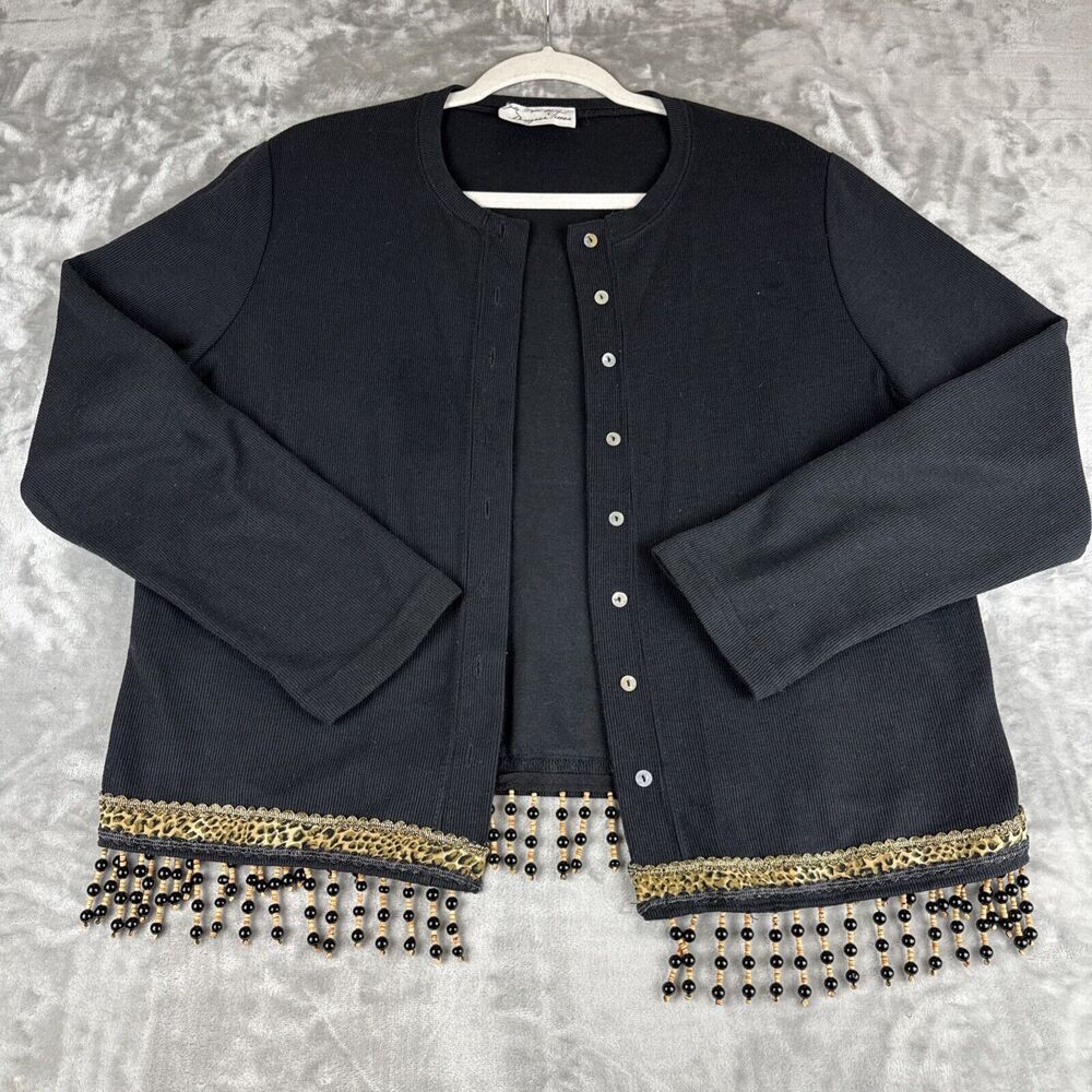 Vintage Judy Myers for Designer‎ Times Cardigan Women's M Black Bead Trim (1068)